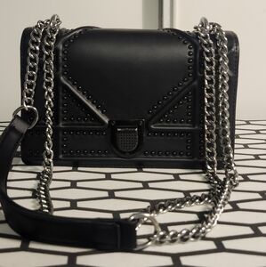 Black Studded Chain Shoulder Bag Silver Hardware
